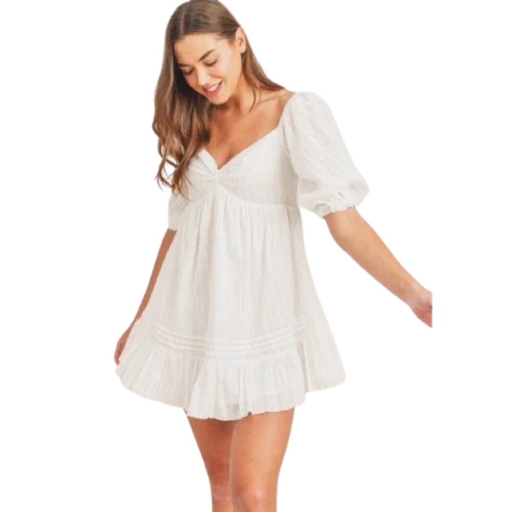 MABLE White Fit & Flare Mini Dress with Ruffle Hem & Puff Sleeves